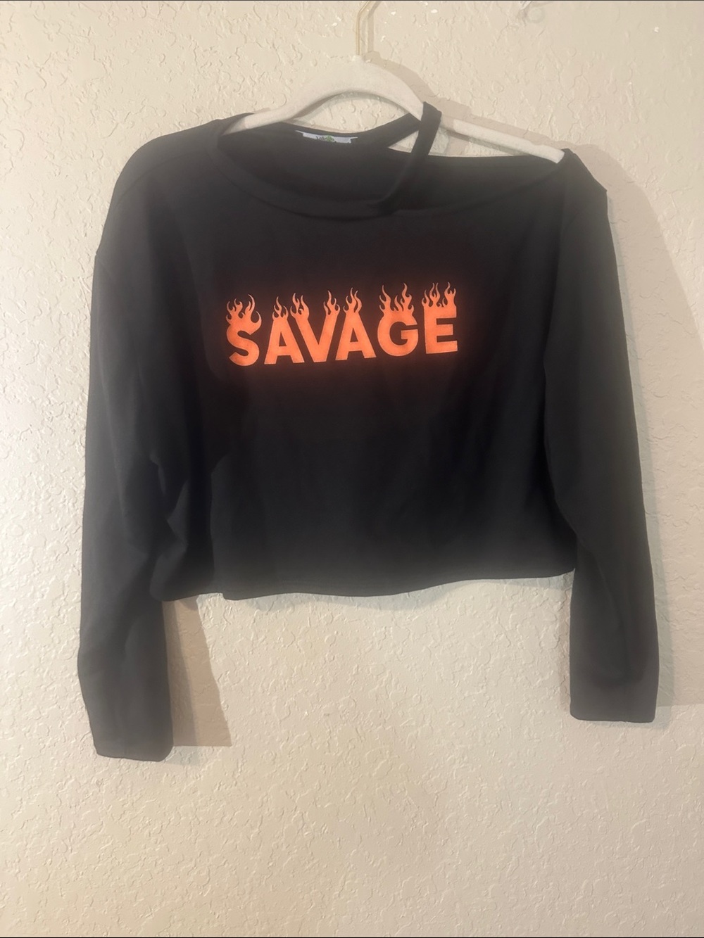 Papaya Black Cropped long sleeve with Orange 'SAVAGE' Flame Graphic d